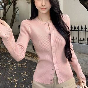Pink Ribbed Button-Up Women's Sweater